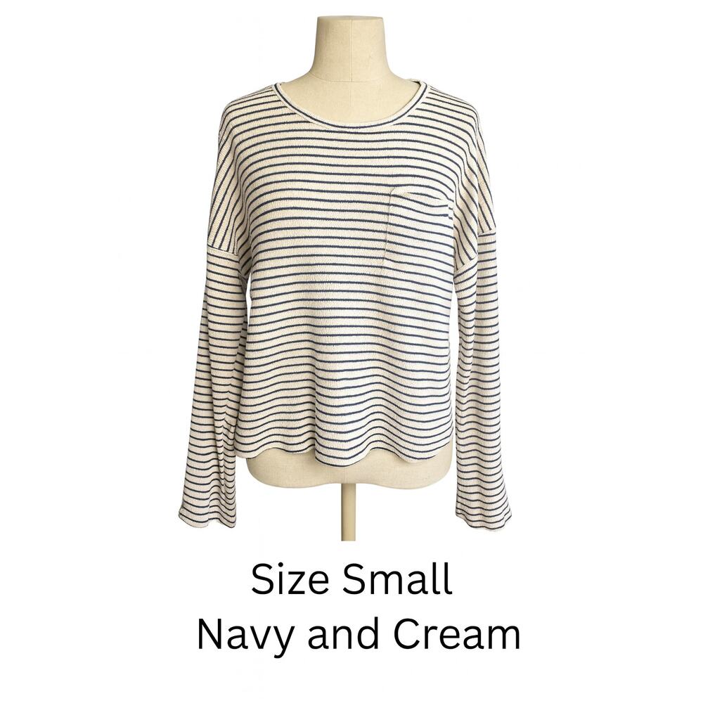 Madewell Women’s Small Tan & Navy Striped Cotton Long Sleeve Top Oversized